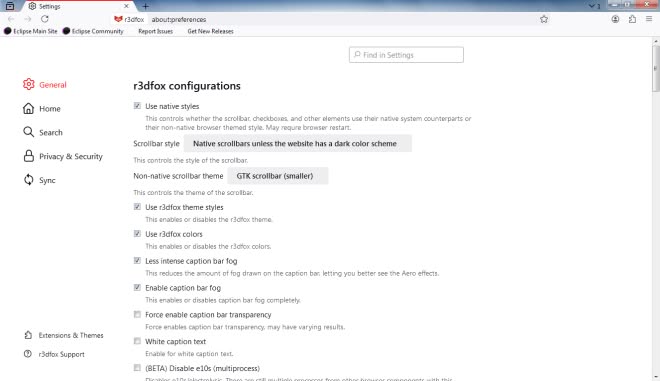 r3dfox settings page showing options.