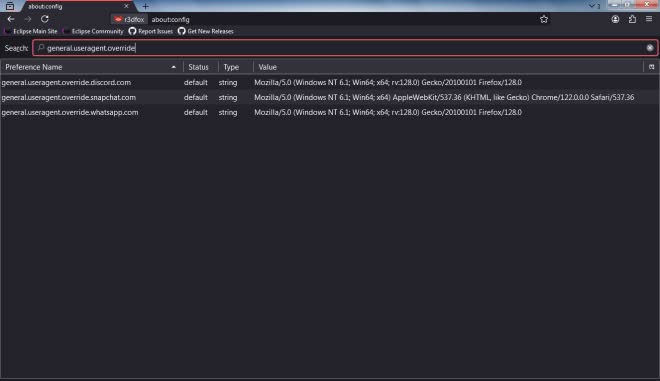 r3dfox showing classic about:config page and site specific useragent overrides.